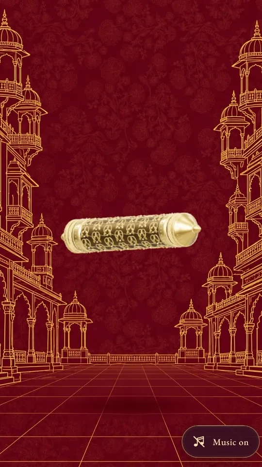 Mahal Scroll wedding invitation website on a phone, showing a golden scroll over a maroon palace illustration